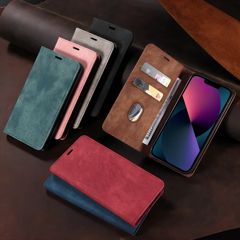 Magnetic flip wallet phone case for iPhone in grey, showing card slots and closed magnetic clasp.