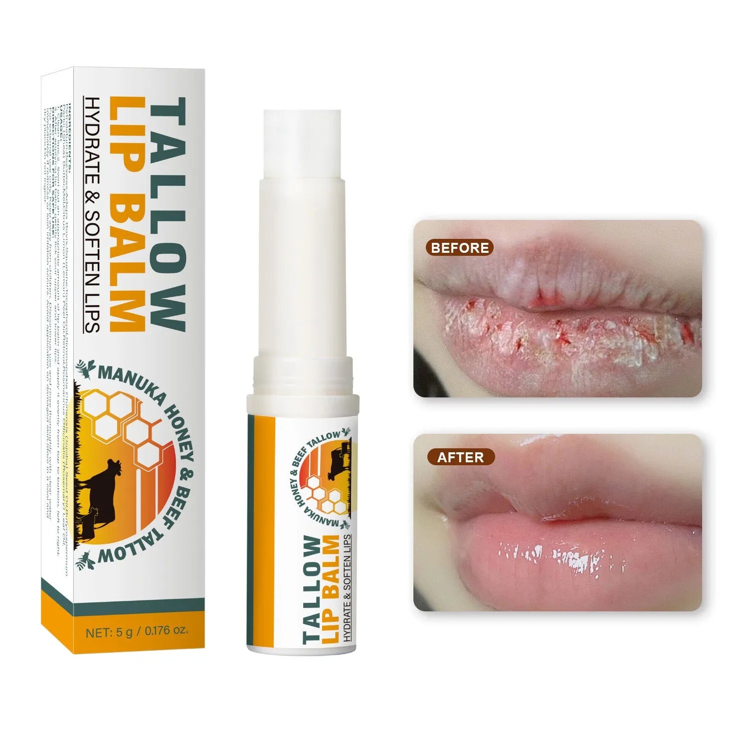 5g tallow lip balm stick in 83mm tall protective rectangular case