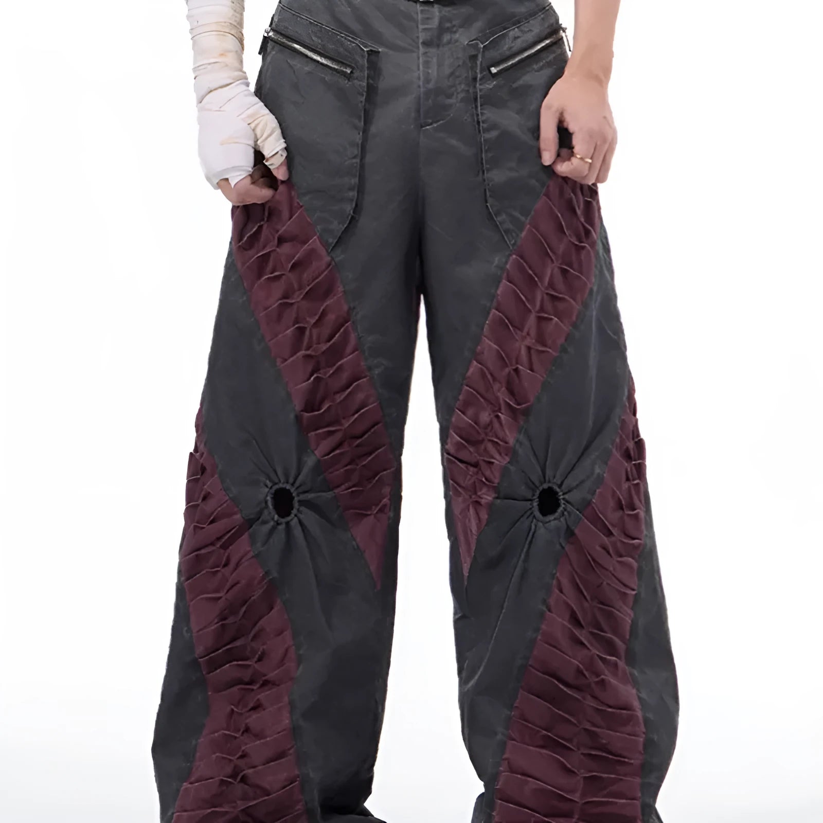 Grey straight leg casual rayon sports trousers laid flat.
