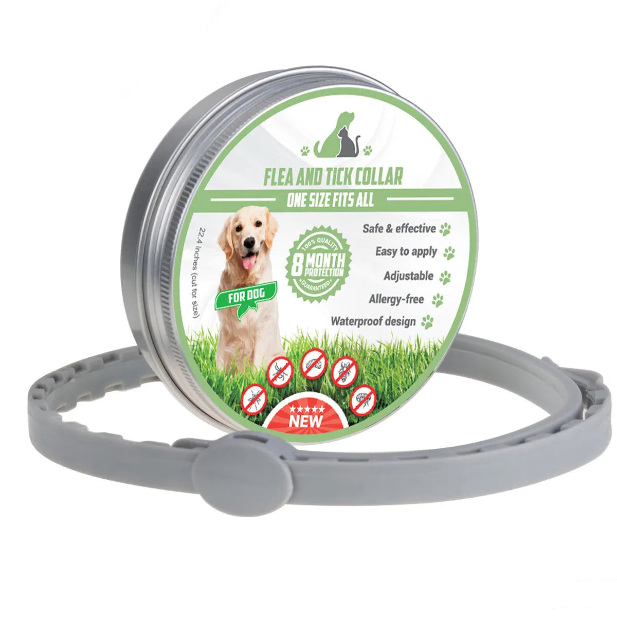 Grey natural essential oil flea collar, adjustable 57 cm TPE pet collar for dogs and cats