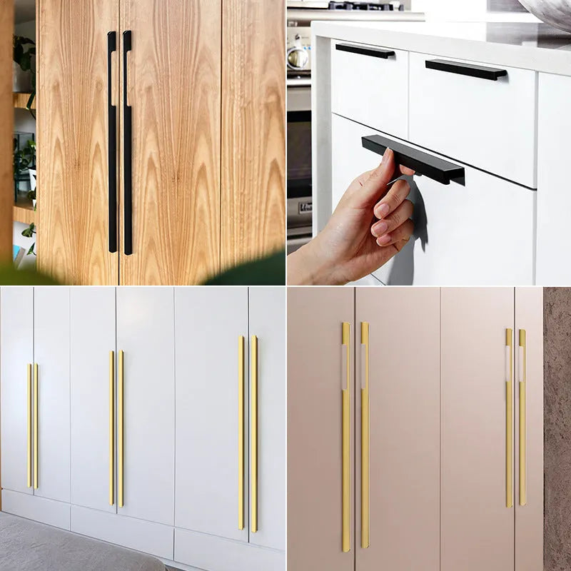 Gold-coloured aluminium alloy single hole cabinet handle with a modern T-shape design.