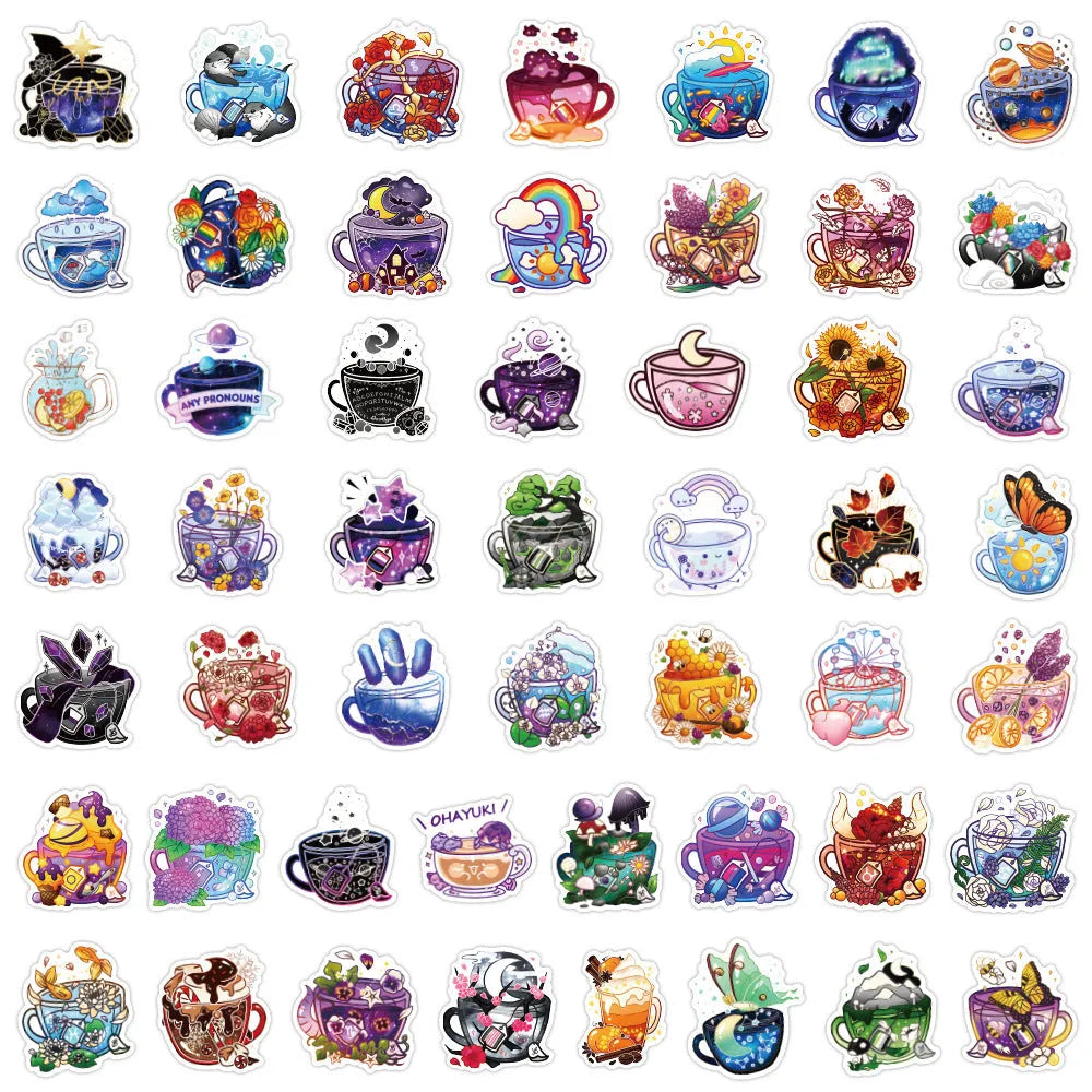 Pack of 50 colourful tea cup graffiti design vinyl stickers for scooters and luggage.