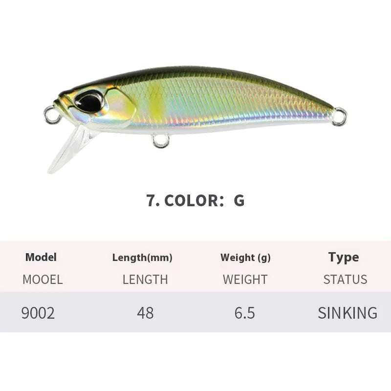 Tossing 48mm long, 6.5g sinking hard minnow fishing lure in multiple colour variations.