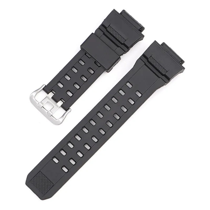 Camouflage pattern TPU watch strap with silver buckle on a grey background.