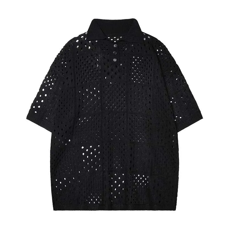Black and white short-sleeved hollow knit polo shirt with a loose fit for teenagers