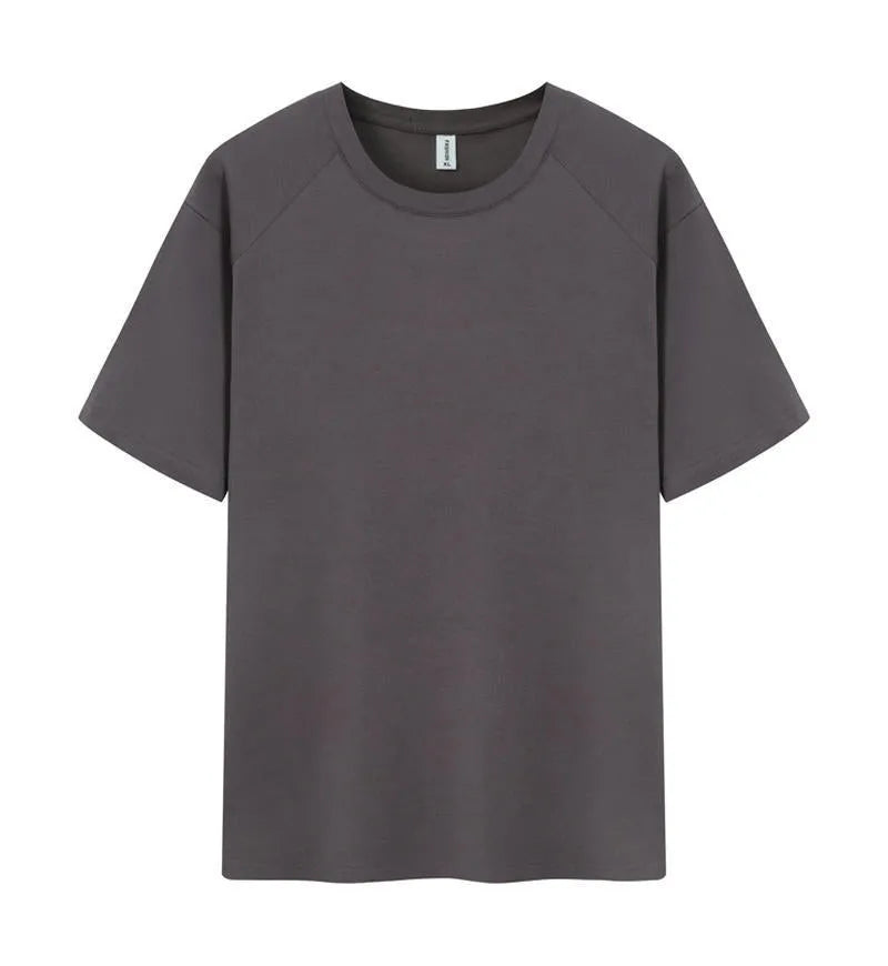 Men's plain pure cotton short sleeve t-shirt on a hanger, shown in multiple solid colours.