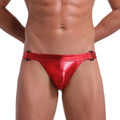 Men's low waist nylon underwear shorts with Double Ding hollow out U pouch and imitation leather detail, available in six colours.