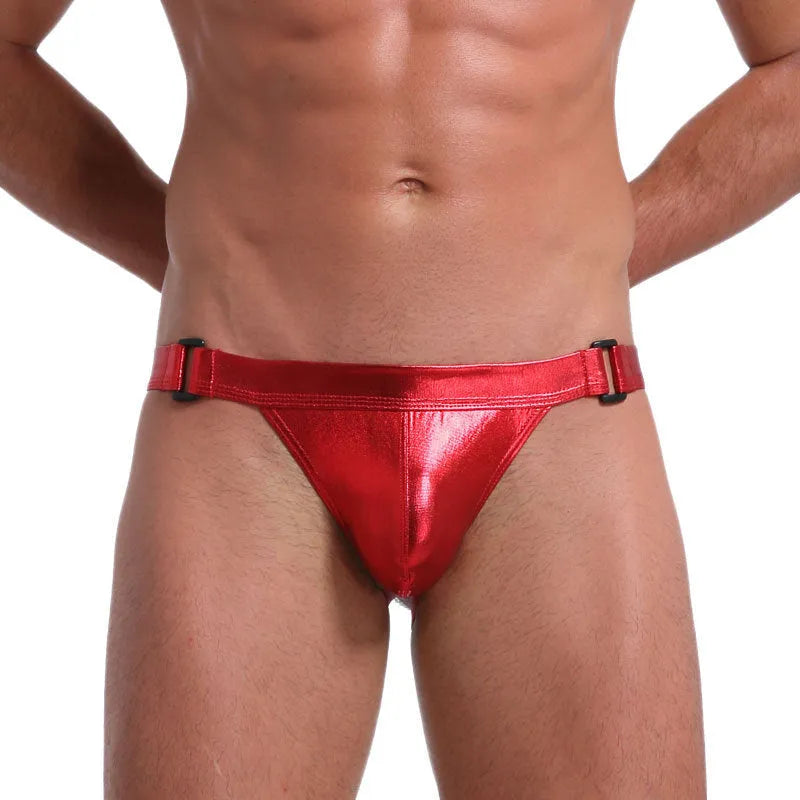 Men's low waist nylon underwear shorts with Double Ding hollow out U pouch and imitation leather detail, available in six colours.