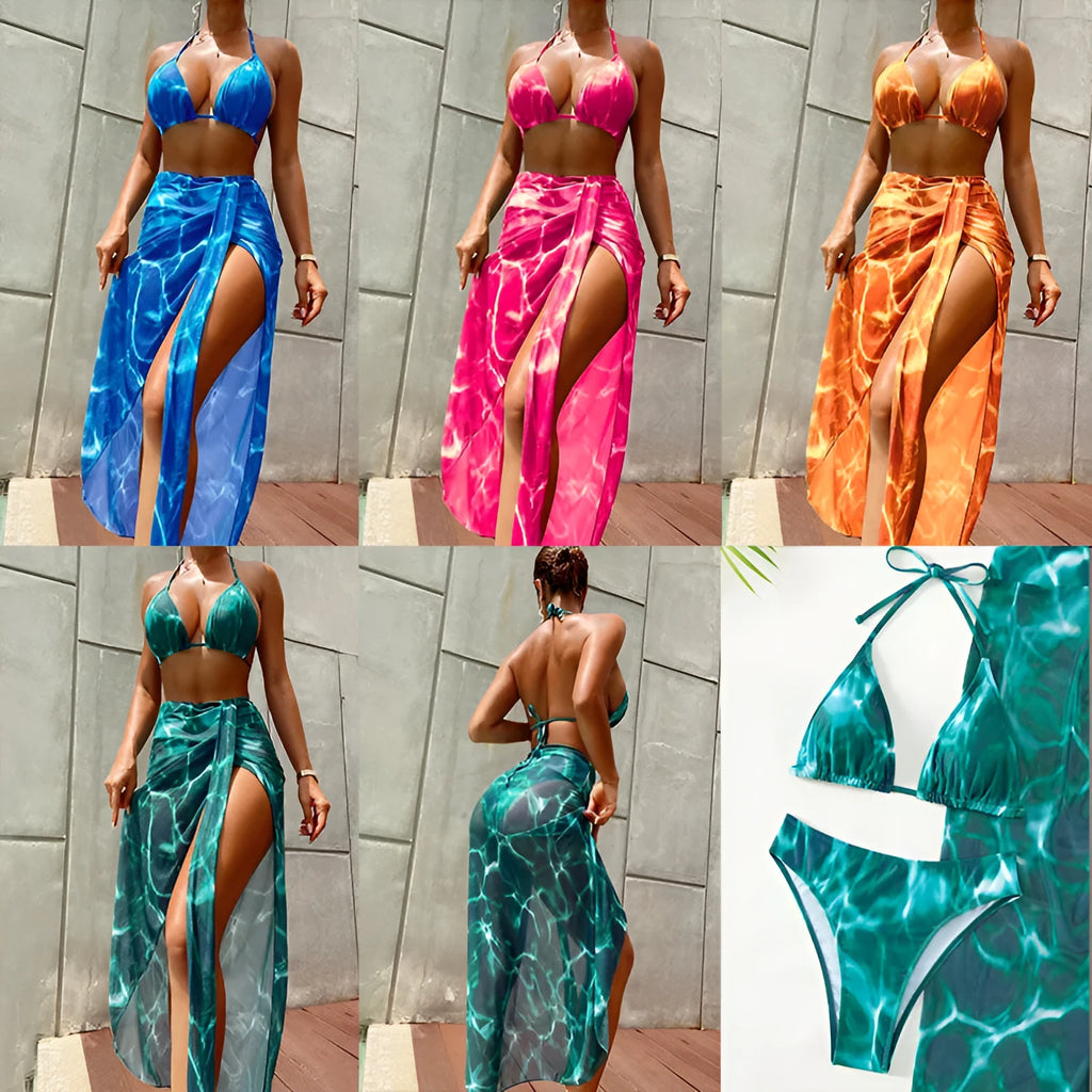 Women's three-piece bikini swimsuit set with floral pattern in blue, polyester fabric, includes top pants and skirt