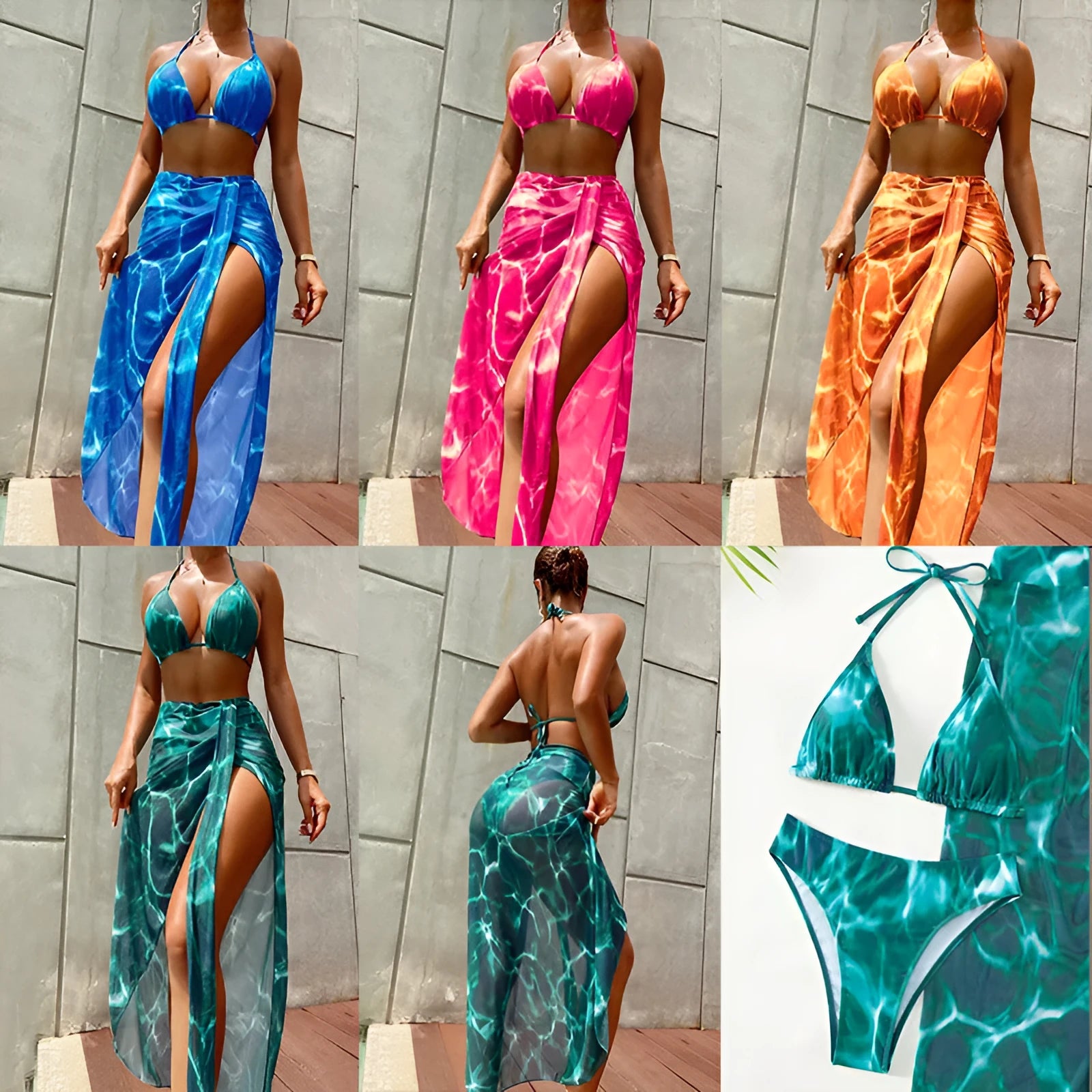 Women's three-piece bikini swimsuit set with floral pattern in blue, polyester fabric, includes top pants and skirt