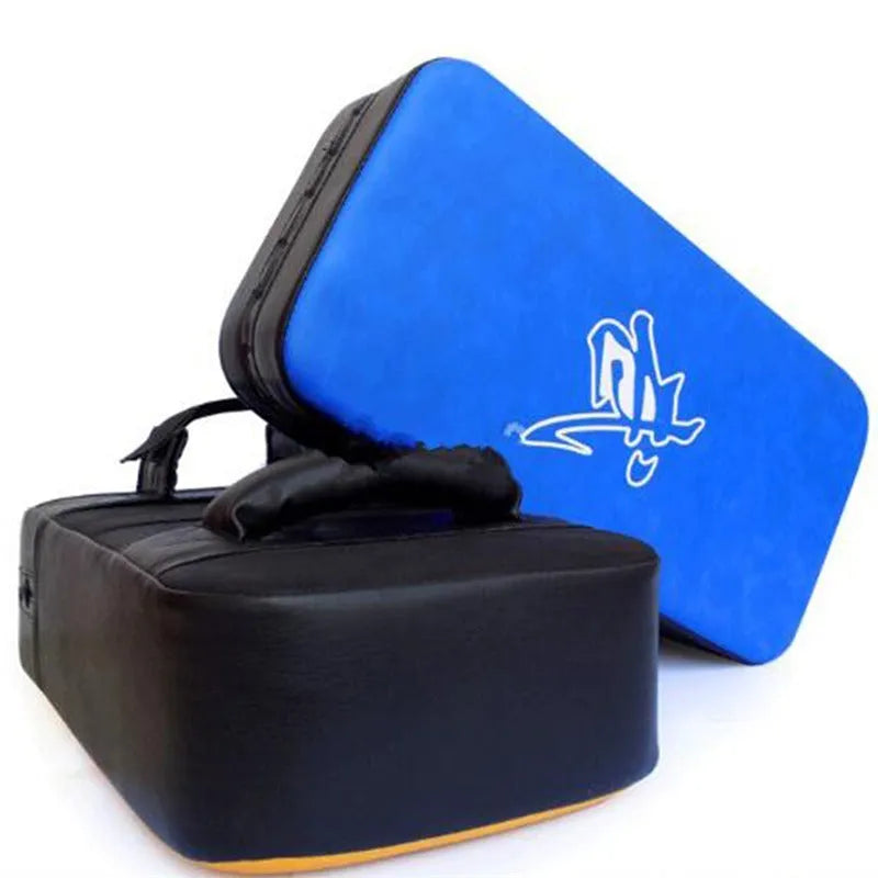 Square foot target pad boxing training prop in blue vertical orientation
