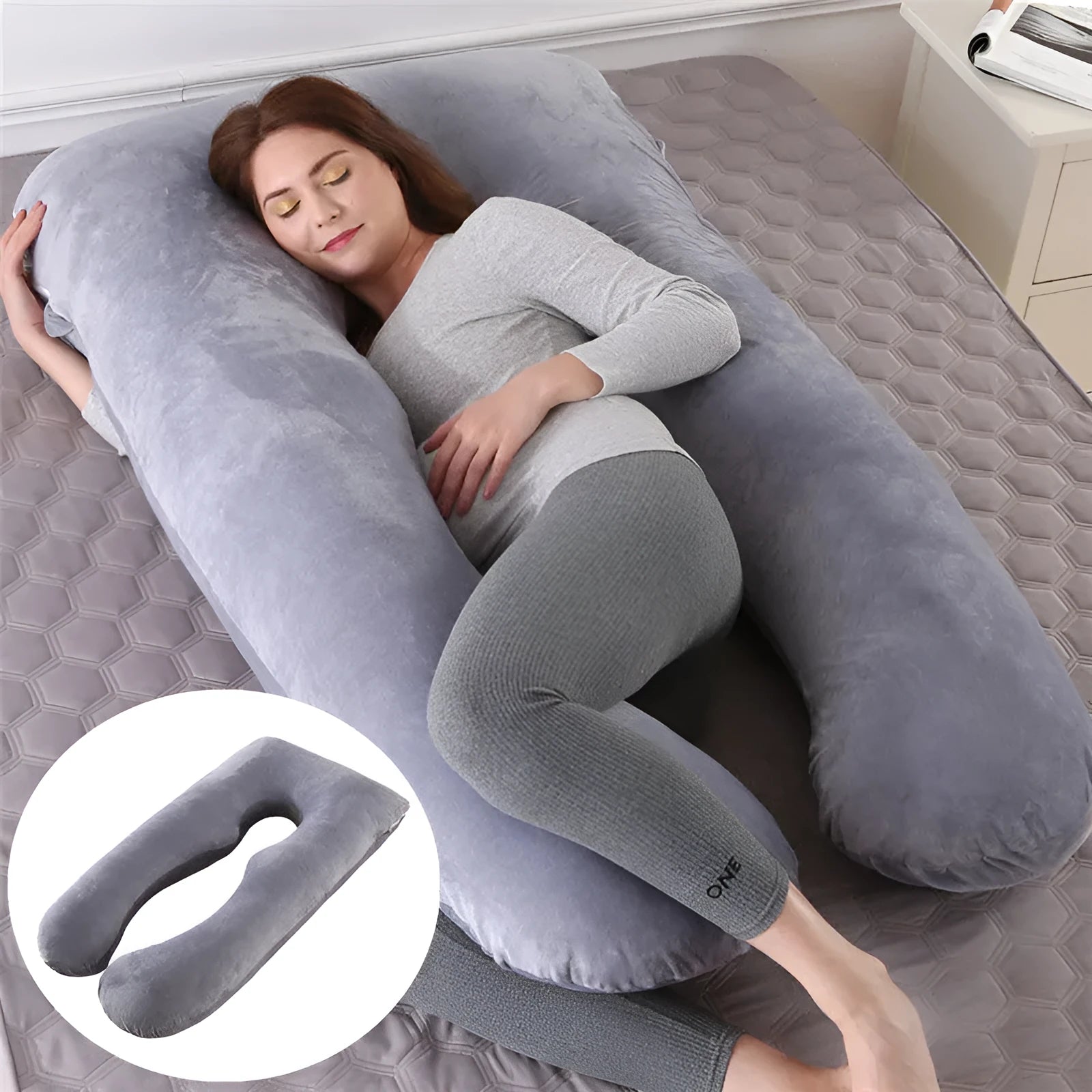 U-shaped maternity pillow with ice silk cover in green colour showing curved design for pregnancy support