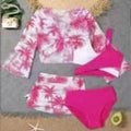 Children's 4-piece high waist split bikini swimsuit in striped and floral patterns, polyester quick-drying fabric, sizes 130-160