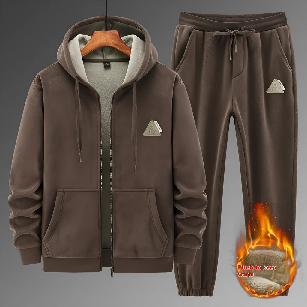 Grey cashmere hooded sweater and matching cotton pants casual sports set laid flat