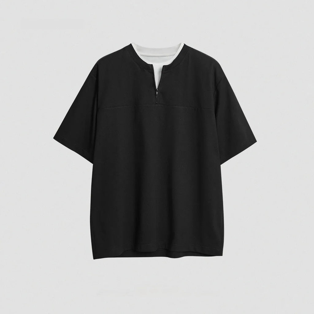 Women's loose fit solid colour patchwork pullover top with zip false detail in cotton blend fabric.
