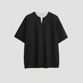 Women's loose fit solid colour patchwork pullover top with zip false detail in cotton blend fabric.