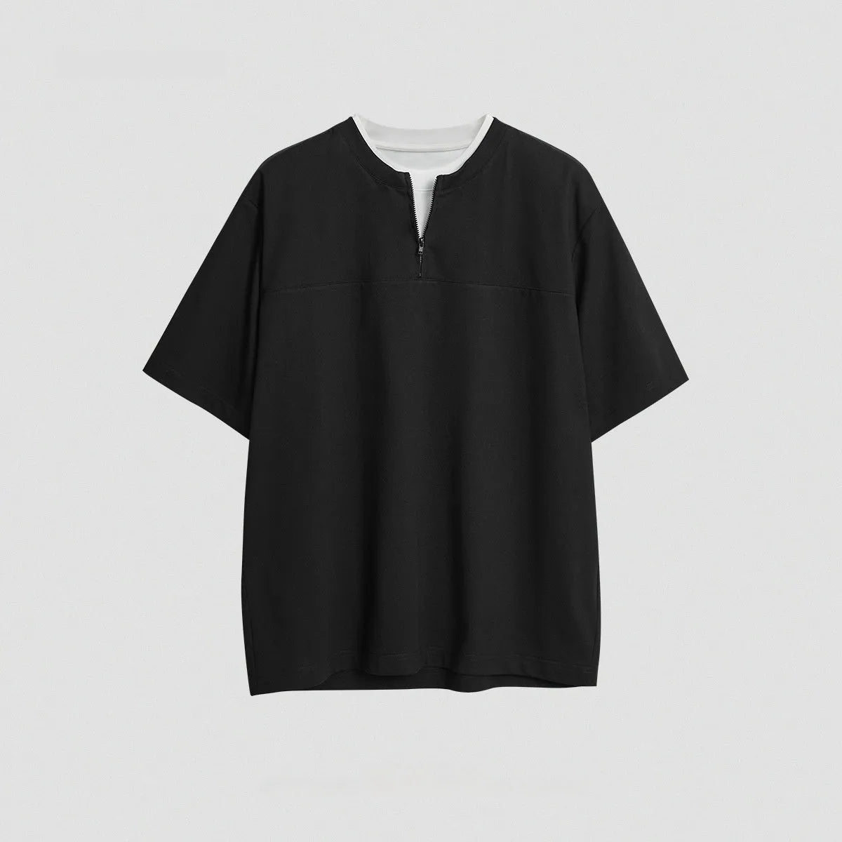 Women's loose fit solid colour patchwork pullover top with zip false detail in cotton blend fabric.