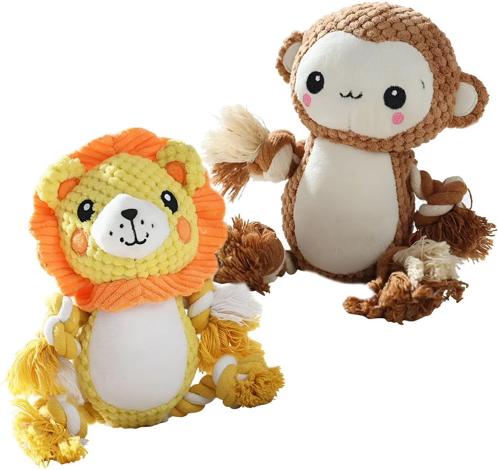 Lion and monkey stuffed squeaky plush dog toys for medium and large breed dogs.