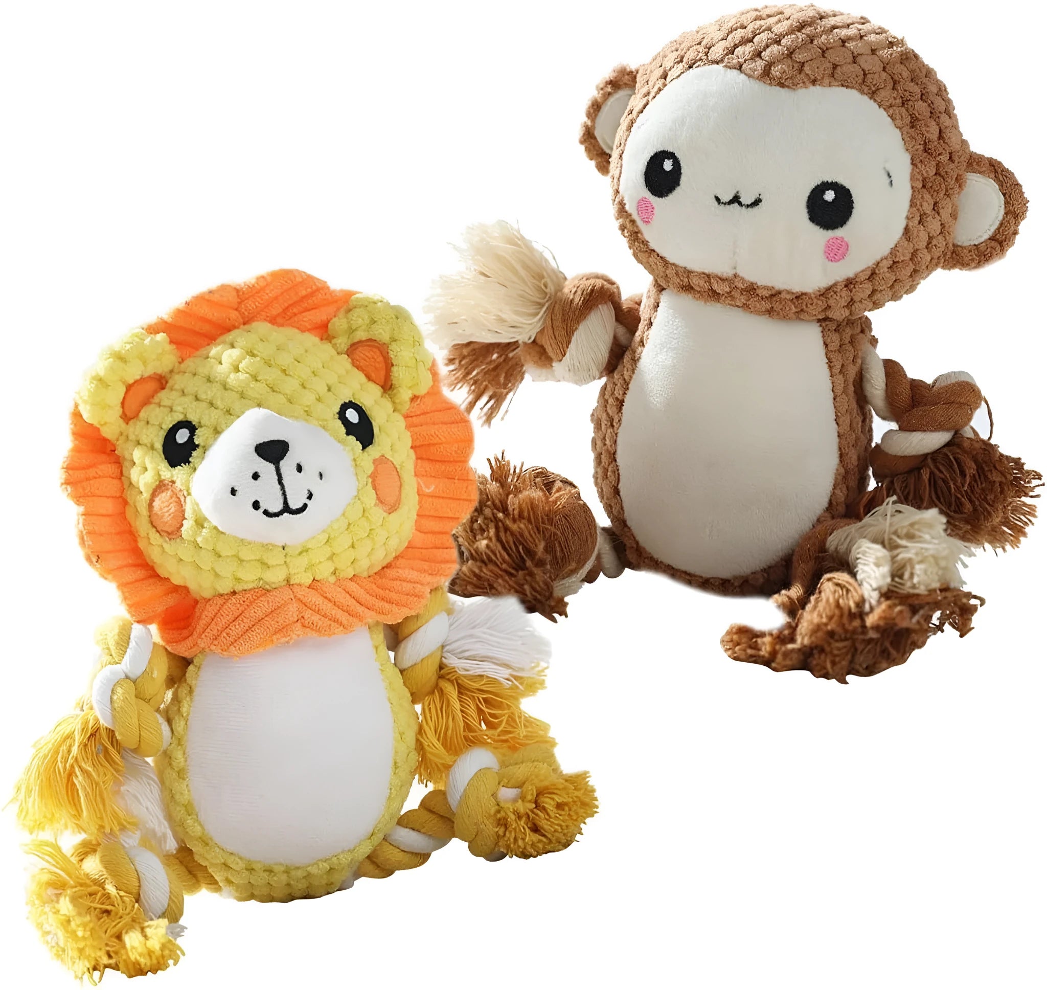 Lion and monkey stuffed squeaky plush dog toys for medium and large breed dogs.