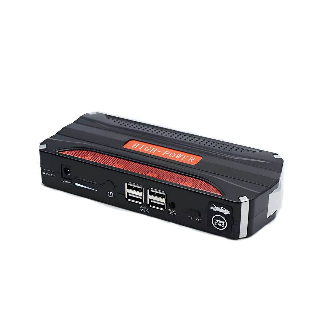 Black and red portable 12V vehicle jump starter power pack with carrying case.