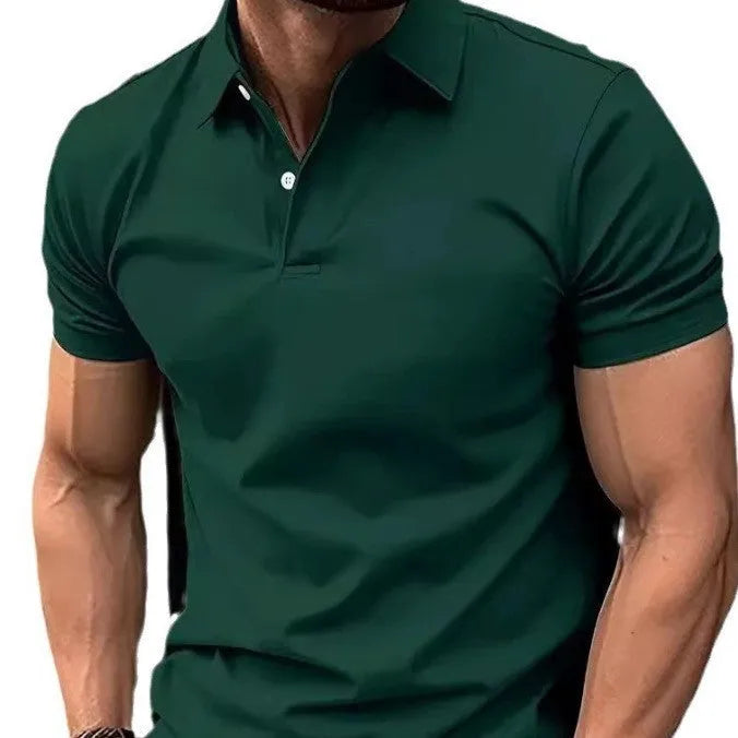 Men's slim fit solid colour short sleeve button shirt on a hanger.