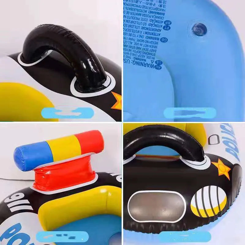 Black PVC inflatable police car children's swimming ring with anti-rollover cushion design on white background