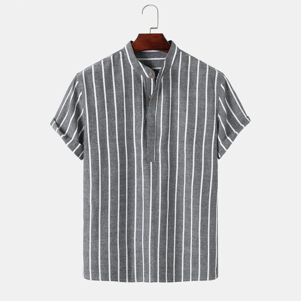 Fashion striped casual men's shirt short sleeve cotton pullover in white, red, gray, blue