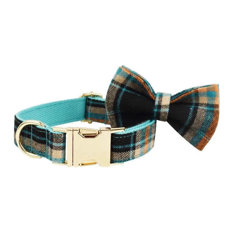 Green retro pet collar and leash set with matching dog vest and bow accessory