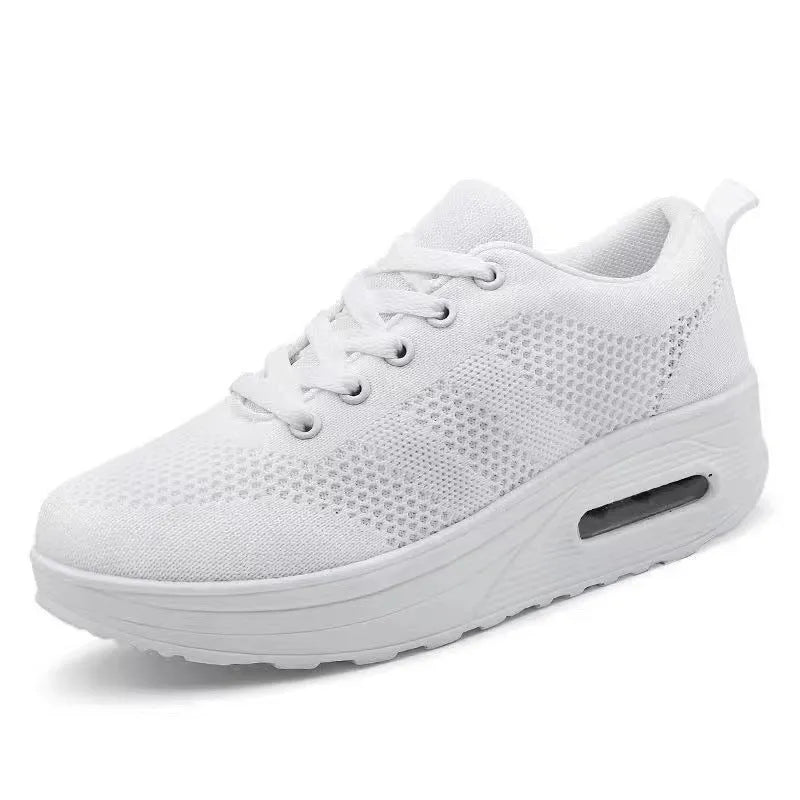 Women's solid colour flyknit platform casual shoes with an air cushion and T-shaped ribbon detail.