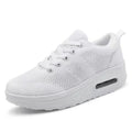 Women's solid colour flyknit platform casual shoes with an air cushion and T-shaped ribbon detail.