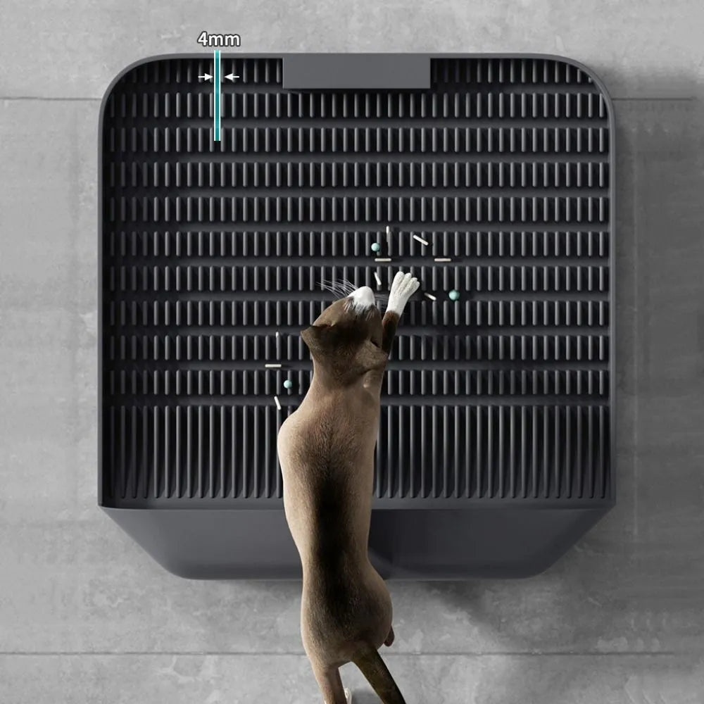 Large black cat litter pedal with slanted mouth design and non-slip foot pad measuring 37x37cm