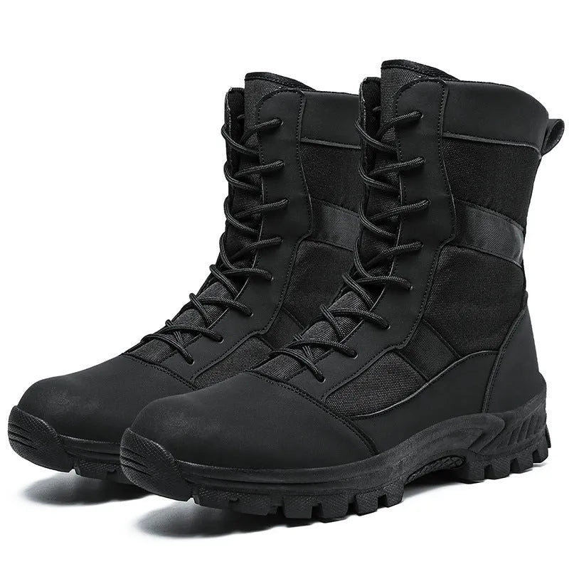 Men's black and camouflage high-top mesh Martin boots with totem pattern and lace-up closure.