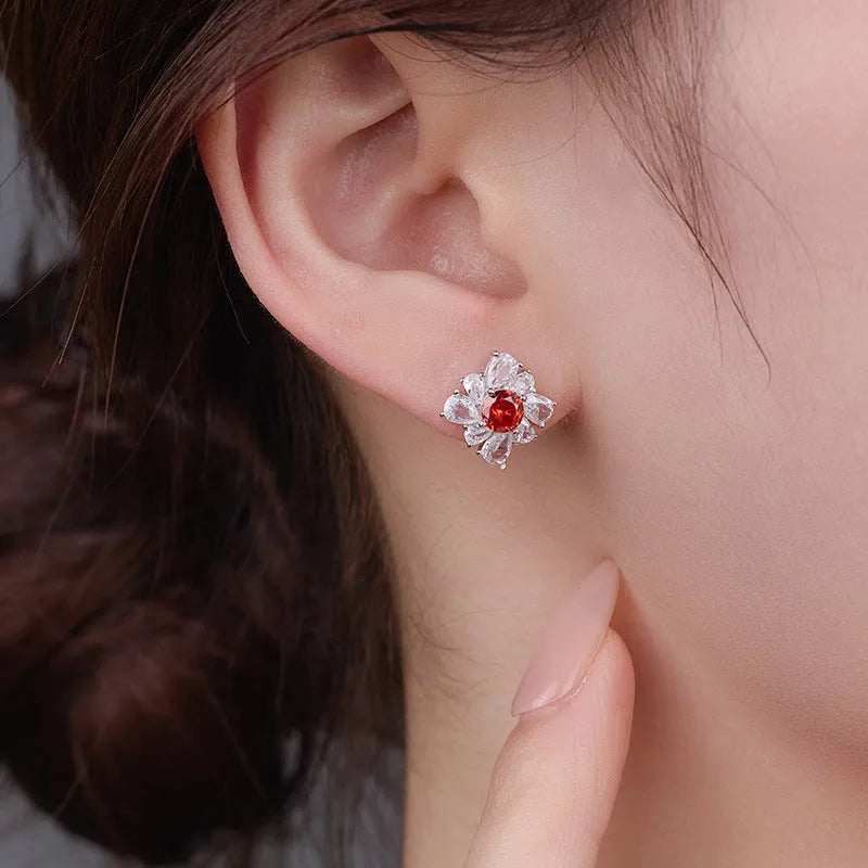 Women's retro pigeon red sterling silver earrings with geometric U-shaped design and diamond temperament styling