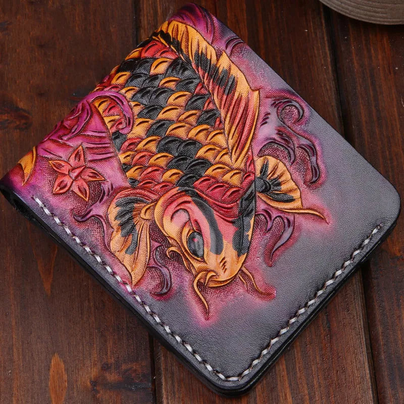 Men's blue carved cow leather bifold wallet showing textured surface and open design
