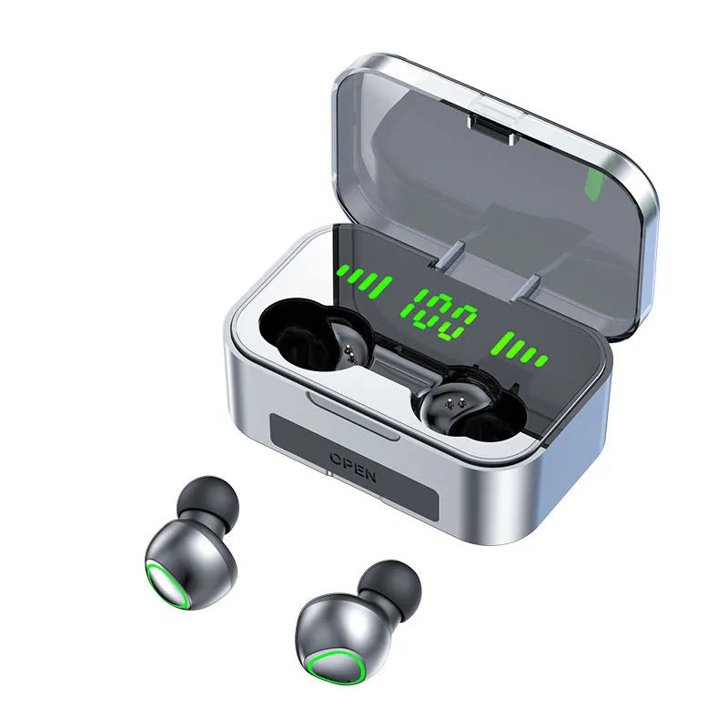 Wireless black Bluetooth sports earbuds with touch controls shown in a charging case.