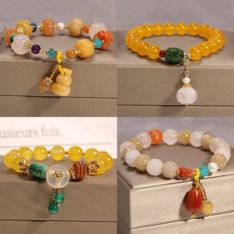 Women's yellow agate crystal bracelet on gold silk cord in khaki colour