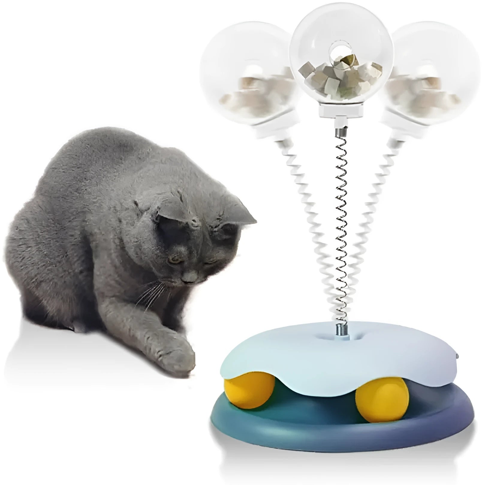Blue and green cat treat dispenser toy with track ball, a slow feeder puzzle for indoor cats.