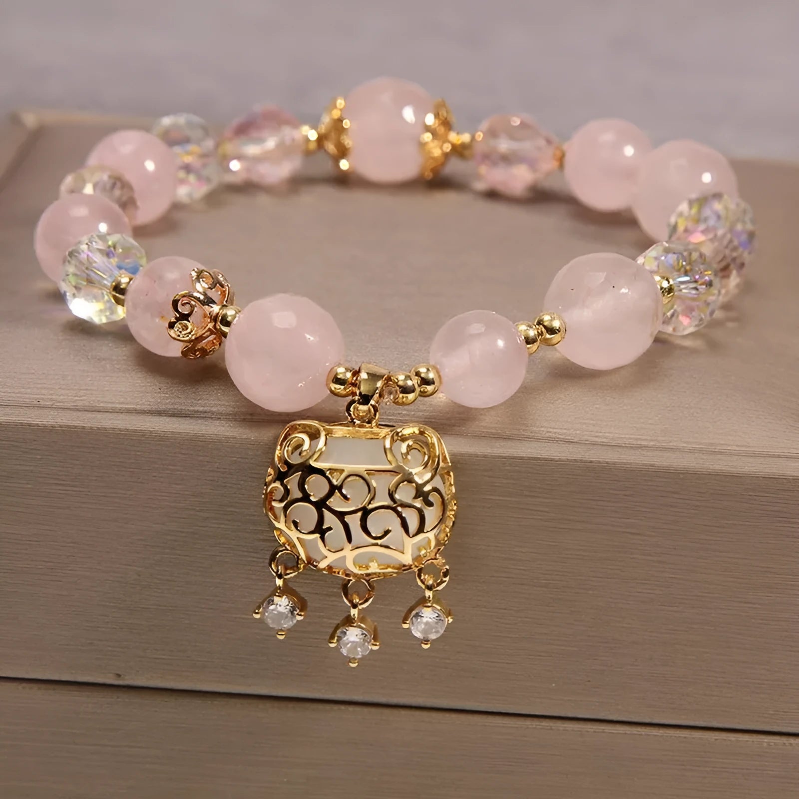 Women's yellow agate crystal bracelet on gold silk cord in khaki colour