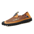 Men's brown casual mesh shoes with a round toe and non-slip rubber sole on a plain background.