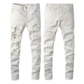 White slim-fit men's jeans with patch hole drill distressing and cotton-spandex blend