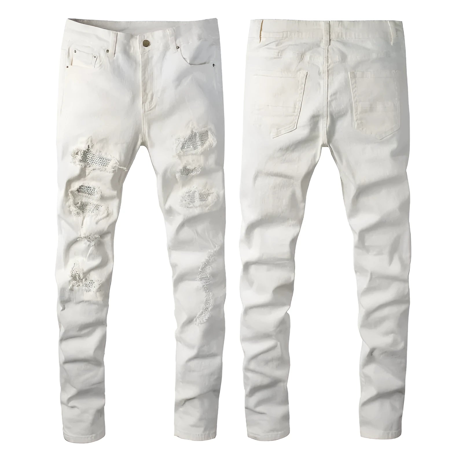 White slim-fit men's jeans with patch hole drill distressing and cotton-spandex blend