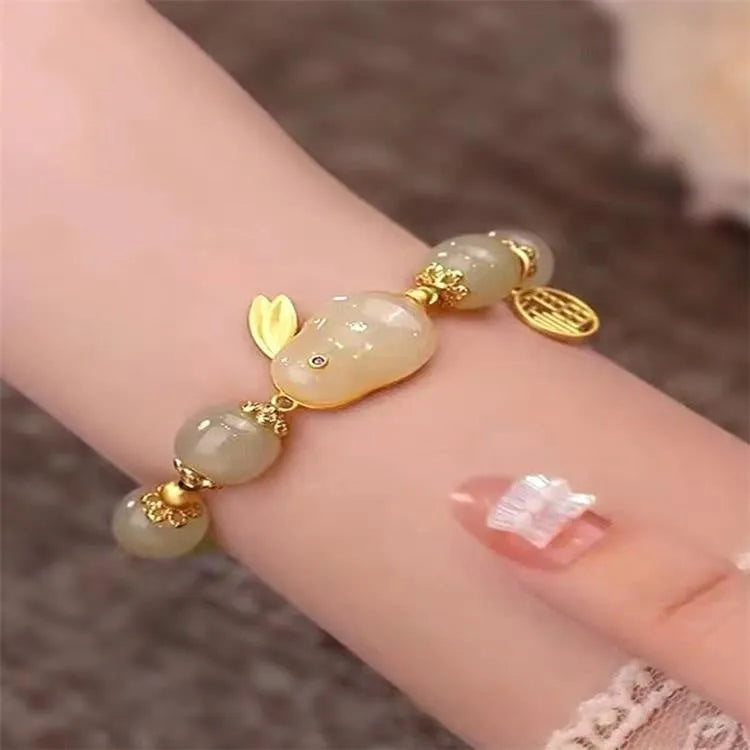 Green jade hare bracelet for women with Chinese zodiac animal styling and electroplated finish