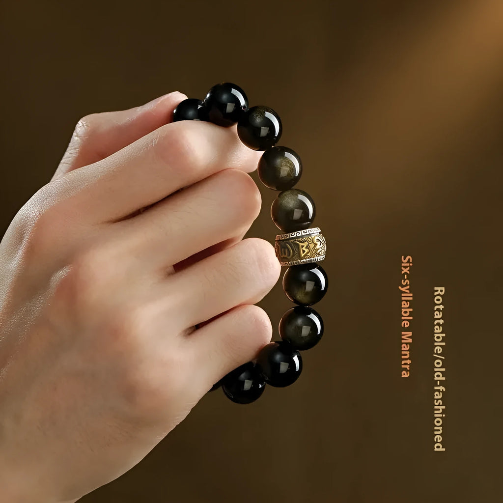 Hand-carved golden ox charm bracelet with beads in silver gift box