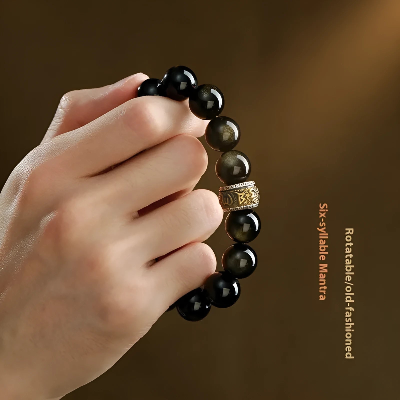 Hand-carved golden ox charm bracelet with beads in silver gift box