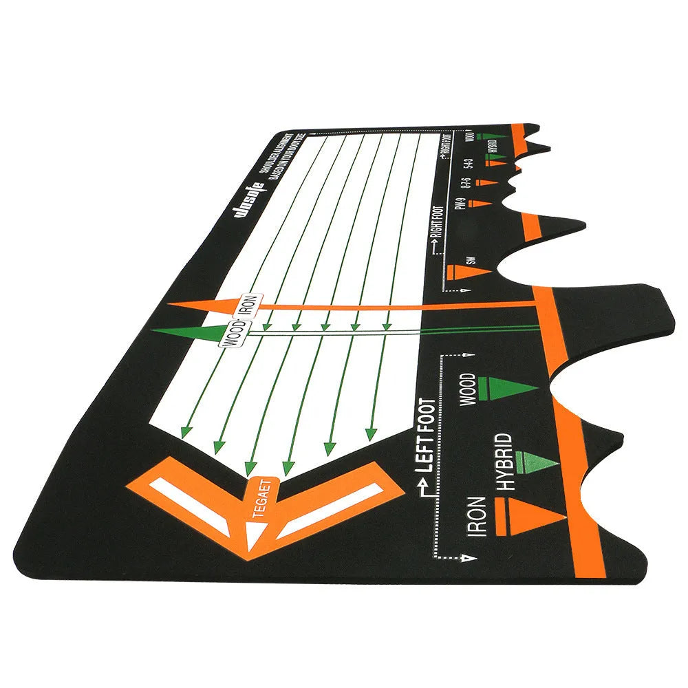 Black neoprene golf swing posture correction mat for stance training and alignment practice