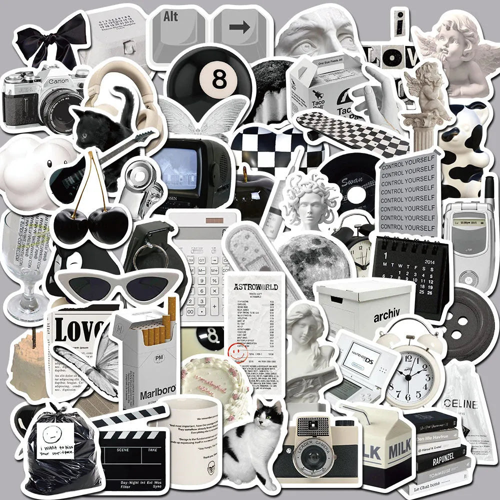 A pack of 61 black and white simple design waterproof PVC stickers for laptops and luggage.