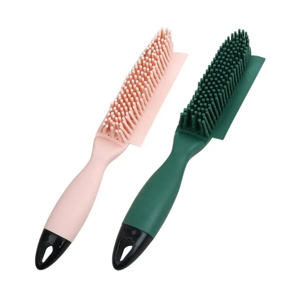 Green silicone pet hair remover brush with plastic handle on a fabric sofa