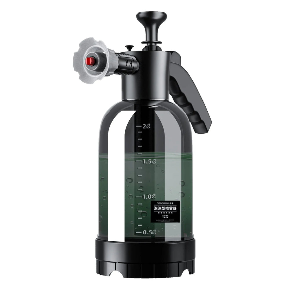 Hand-held blue car wash foam sprayer with 2L capacity and high-pressure water cannon attachment