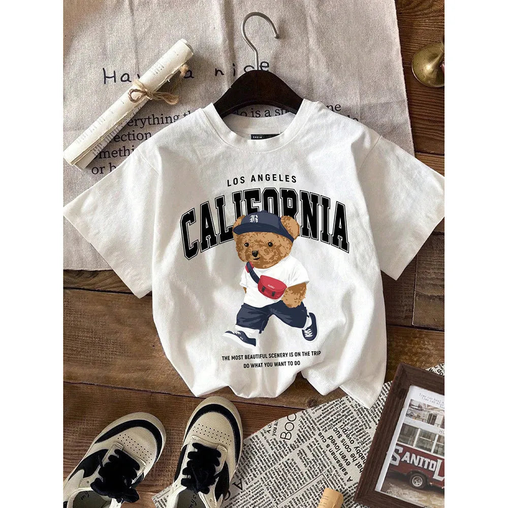 Children's casual short sleeve T-shirt with cartoon bear print in white polyester, suitable for kids 100-160cm height
