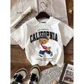 Children's casual short sleeve T-shirt with cartoon bear print in white polyester, suitable for kids 100-160cm height